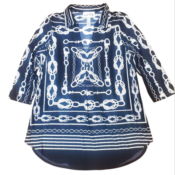 Joseph Ribkoff Black/Navy? and White Rope Pattern Blouse. 8 - Picture 1 of 8